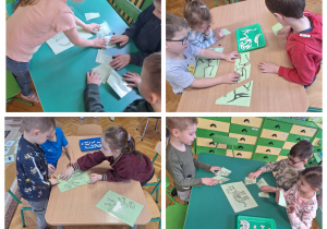 Na zdjęciu dzieci układają puzzle kości dinozaura, dopasowują kości dinozaura do wzoru.