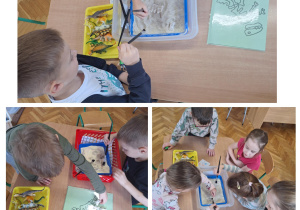 Na zdjęciu dzieci wykopują z piasku kości dinozaura wykonane z masy solnej.