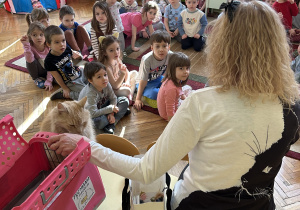 Na zdjęciu dzieci obserwują kota oraz słuchają pani z Fundacji Kocia Mama opowiadającej ciekawostki o kotach.