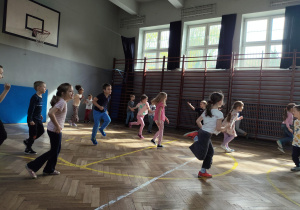 Przedszkolaki na zajęciach sportowych na sali gimnastycznej