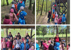 Dzieci spacerują po lesie oraz odwiedzają leśny domek.