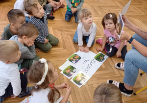 zdjęcie przedstawia dzieci siedzące w kole na podłodze biorące udział w zajęciach na temat jeża