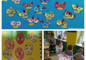 zdjęcie przedstawia przedszkolaki z grupy czwartej podczas wykonywnia masek karnawałowych oraz maski wykonane przez dzieci