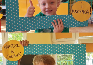 Na zdjęciu dwoje dzieci pozujących w niebieskiej ramce w kropki z napisem :Wierzę w siebie.. i kropka!"