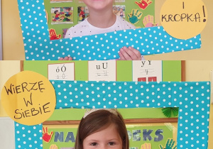 Na zdjęciu dwoje dzieci pozujących w niebieskiej ramce w kropki z napisem :Wierzę w siebie.. i kropka!"