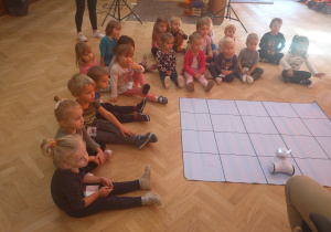 Na zdjęciu dzieci przyglądające się działaniu robota na specjalnej macie