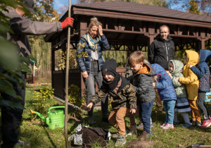 Przedszkolaki podczas przysypywania drzewa ziemiom