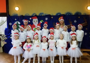 Zdjęcie grupowe " Żabek" w strojach z występu choinkowego.