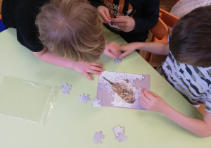 Dzieci przy stolikach w małych zespołach układają puzzle na czas​