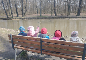 Dzieci siedzące na ławce oglądają pływające na stawie kaczki