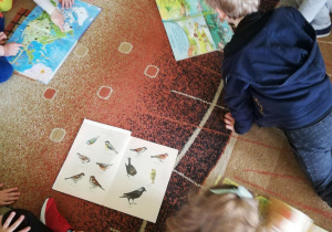 dzieci podczas zabawy z małymi obręczami plastikowymi "Ptaszki do gniazd"