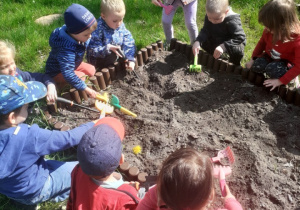Na zdjęciu dzieci z grupy 1 wyrównują plastikowymi grabkami grządkę.
