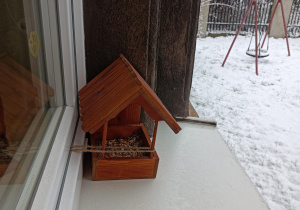 Na zdjęciu karmnik z nasionami dla ptaków umieszczony na parapecie.