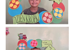 Dzieci pozują do zdjęcia w kropkowej fotobudce.