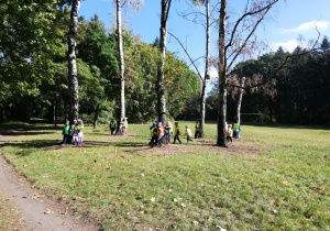 dzieci przytulają się do brzóz w parku