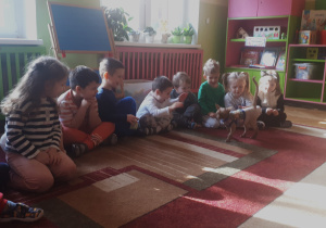 na zdjęciu dzieci z grupy ,,Misie” obserwujące zachowanie kota chodzącego po dywanie w klasie