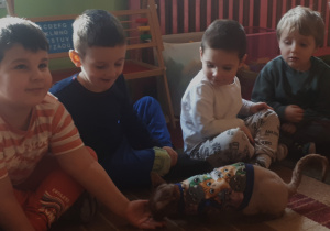 Na zdjęciu dzieci z grupy "Misie” podczas zabawy z kotem.