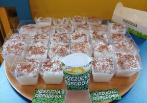 taca, na której stoją pojemniczki z wysianymi na wacie nasionkami rzeżuchy