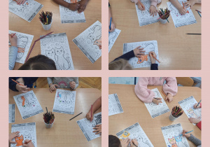 Na zdjęciu dzieci kolorują obrazki na których są koty.