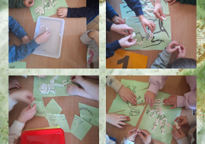 Na zdjęciu dzieci dopasowują kości dinozaurów do wzoru.