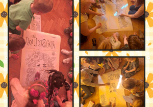 Na zdjęciu dzieci w grupach układają puzzle na których jest obrazek wiosny.