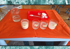 Na zdjęciu są szklanki z wodą w których rozpuszczone są: mąka, cukier, sól, kasza manna.