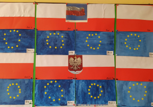 Prace plastyczne w wykonaniu dzieci z grupy VI - flagi Polski oraz Unii Europejskiej