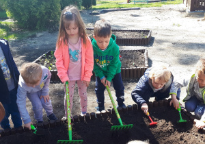 Zdjęcie przedstawia dzieci przygotowujące ziemię pod sadzenie roślin – grabienie ziemi
