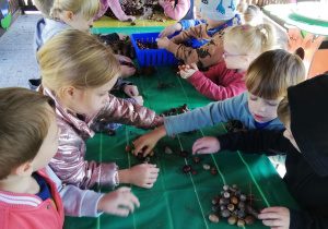 Na zdjęciu: w ogrodowej altance grupa dzieci segreguje kasztany, żołędzie , szyszki ułożone na stole figurki i ludziki z wykorzystaniem kasztanów, żołędzi, szyszek, patyczków
