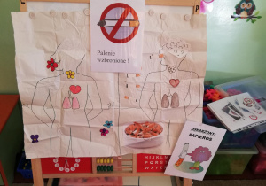 plakat - ilustracja z zakazem palenia i rysunek serca, płuc i mózgu zdrowego, niepalącego człowieka i palacza
