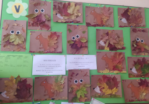 prace przedszkolaków przedstawiające leśne zwierzęta wykonane z uzbieranych wcześniej w naszym ogrodzie kolorowych jesiennych liści
