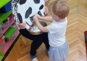 Dziewczynka w białej koszulce doi krowę
