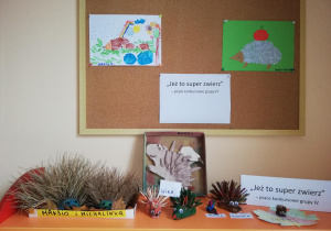 wystawa prac dzieci i rodziców przygotowanych na konkurs plastyczny " Jeż to super zwierz" - jeże wykonano z różnych materiałów plastyczno-przyrodniczych