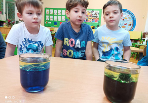 Na zdjęciu chłopcy obserwują eksperyment z kolorową woda i olejem.