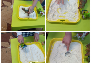 Na zdjęciu widać tacę z mąką, dzieci przykładają zabawki, aby obserwować jakie ślady zostawiają.