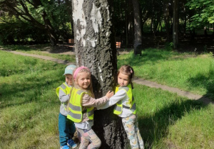 Na zdjęciu troje dzieci przytula się do drzewa.