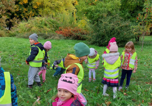 dzieci zbierają kasztany leżące w trawie, w tle jesienny park