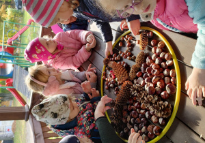 Dzieci stojące przy długim stole układają mandale z darów jesieni.