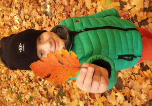 Na zdjęciu chłopiec z jesiennym liściem w ręku.