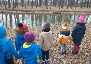 Dzieci obserwujące kaczki w parku