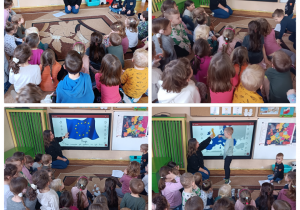 Na zdjęciu dzieci oglądają walutę Unii Europejskiej, flagę Unii Europejskiej i mapę państw należących do Unii Europejskiej.