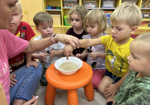 Na zdjęciu grupka dzieci wraz z nauczycielką przeprowadzają eksperyment w miseczce z wodą.