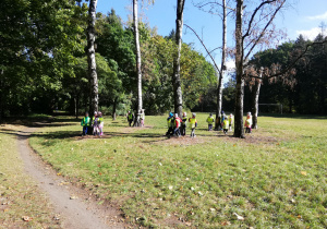 dzieci przytulają się do brzóz w parku