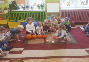 Na zdjęciu dzieci z grupy "Misie" siedzące na dywanie i uczestniczące w zabawie dydaktycznej z wykorzystaniem dyń.