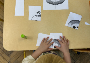 Na zdjęciu dziewczynka układa na stoliku obrazek dyni przecięty na 4 części.