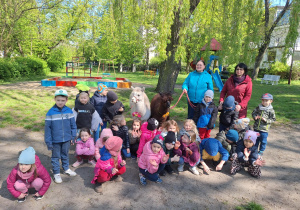 Cała grupa na zdjęciu pozuje z dwoma alpakami.